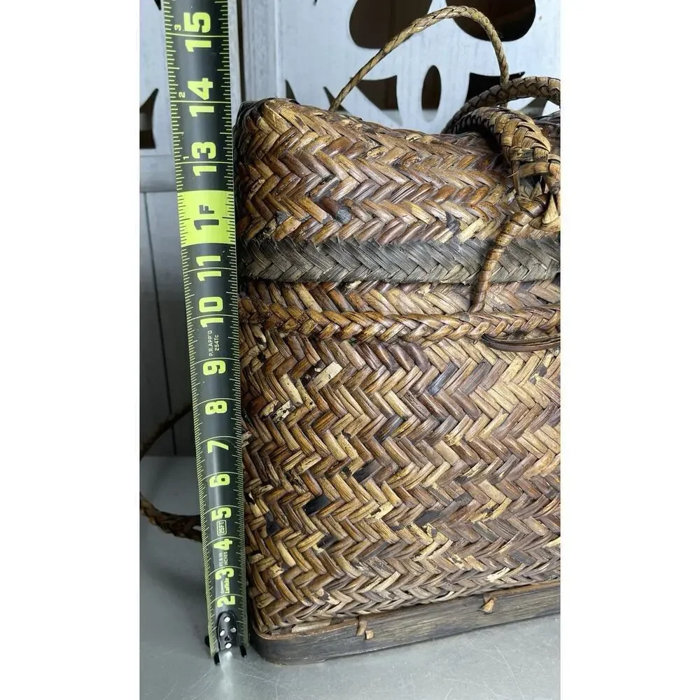 Vintage Filipino Rattan Woven Brown Wicker Wood Gathering Basket Backpack